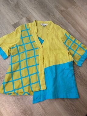 JSong Way Collection Asymmetric Colorblock Grid Linen Top size 16 artsy summer